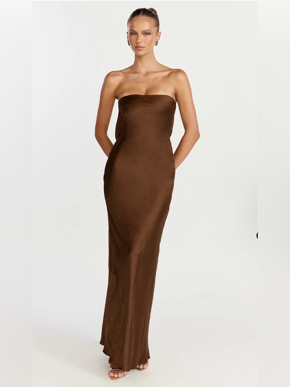 Showpo Strapless Satin Column Dress in Chocolate
